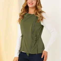 Allegra K Women's Sleeveless Vest Drawstring Waist Shawl Collar Zip Up Jacket 12 Allegra K Women's Sleeveless Vest Drawstring Waist Shawl Collar Zip Up Jacket