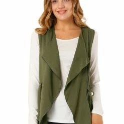 Allegra K Women's Sleeveless Vest Drawstring Waist Shawl Collar Zip Up Jacket