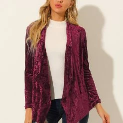 Allegra K Women's Shawl Collar Pocket Open Front Velvet Cardigan