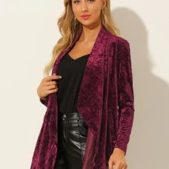 Allegra K Women's Shawl Collar Pocket Open Front Velvet Cardigan