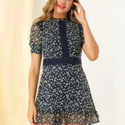 Allegra K Women's Dots Fit And Flare Ruffle Hem Floral Lace-Inset Mini Dress 48 Allegra K Women's Dots Fit And Flare Ruffle Hem Floral Lace-Inset Mini Dress
