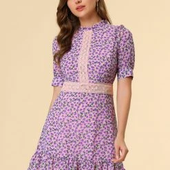 Allegra K Women's Dots Fit And Flare Ruffle Hem Floral Lace-Inset Mini Dress 36 Allegra K Women's Dots Fit And Flare Ruffle Hem Floral Lace-Inset Mini Dress
