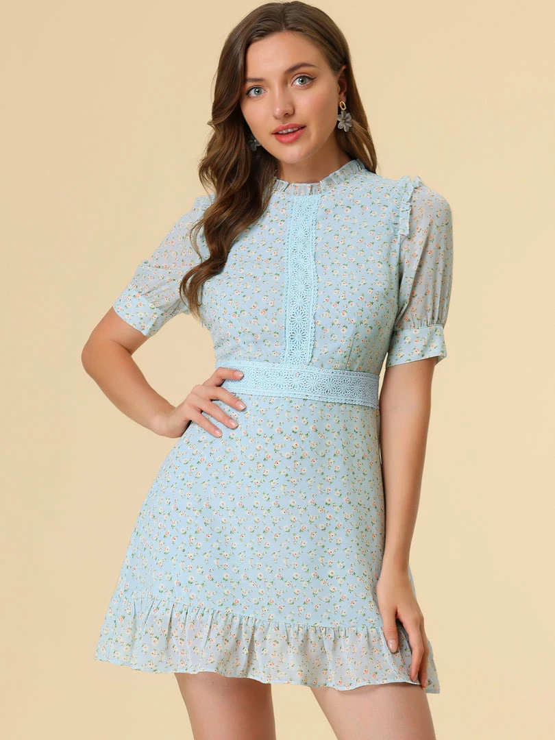 Allegra K Women's Dots Fit And Flare Ruffle Hem Floral Lace-Inset Mini Dress 18 Allegra K Women's Dots Fit And Flare Ruffle Hem Floral Lace-Inset Mini Dress