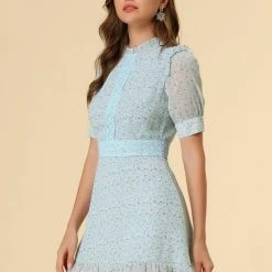 Allegra K Women's Dots Fit And Flare Ruffle Hem Floral Lace-Inset Mini Dress 43 Allegra K Women's Dots Fit And Flare Ruffle Hem Floral Lace-Inset Mini Dress