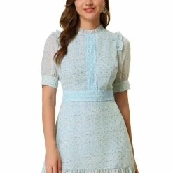 Allegra K Women's Dots Fit And Flare Ruffle Hem Floral Lace-Inset Mini Dress 40 Allegra K Women's Dots Fit And Flare Ruffle Hem Floral Lace-Inset Mini Dress