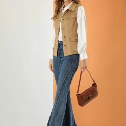 Allegra K Women's Faux Suede Sleeveless Jacket Utility Button Up Anorak Cargo Vest