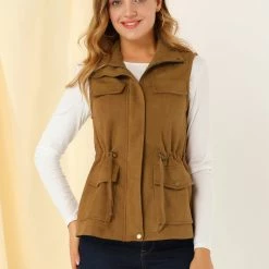Allegra K Women's Faux Suede Drawstring Waist Zipper Snap Button Sleeveless Cargo Utility Vest 11 Allegra K Women's Faux Suede Drawstring Waist Zipper Snap Button Sleeveless Cargo Utility Vest