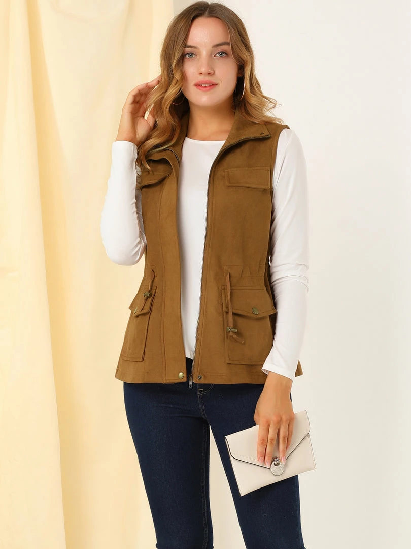 Allegra K Women's Faux Suede Drawstring Waist Zipper Snap Button Sleeveless Cargo Utility Vest 6 Allegra K Women's Faux Suede Drawstring Waist Zipper Snap Button Sleeveless Cargo Utility Vest