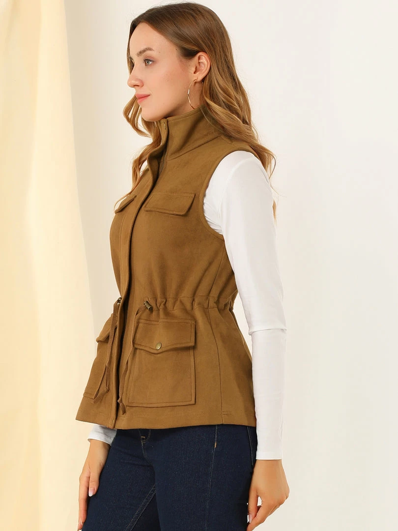 Allegra K Women's Faux Suede Drawstring Waist Zipper Snap Button Sleeveless Cargo Utility Vest 7 Allegra K Women's Faux Suede Drawstring Waist Zipper Snap Button Sleeveless Cargo Utility Vest