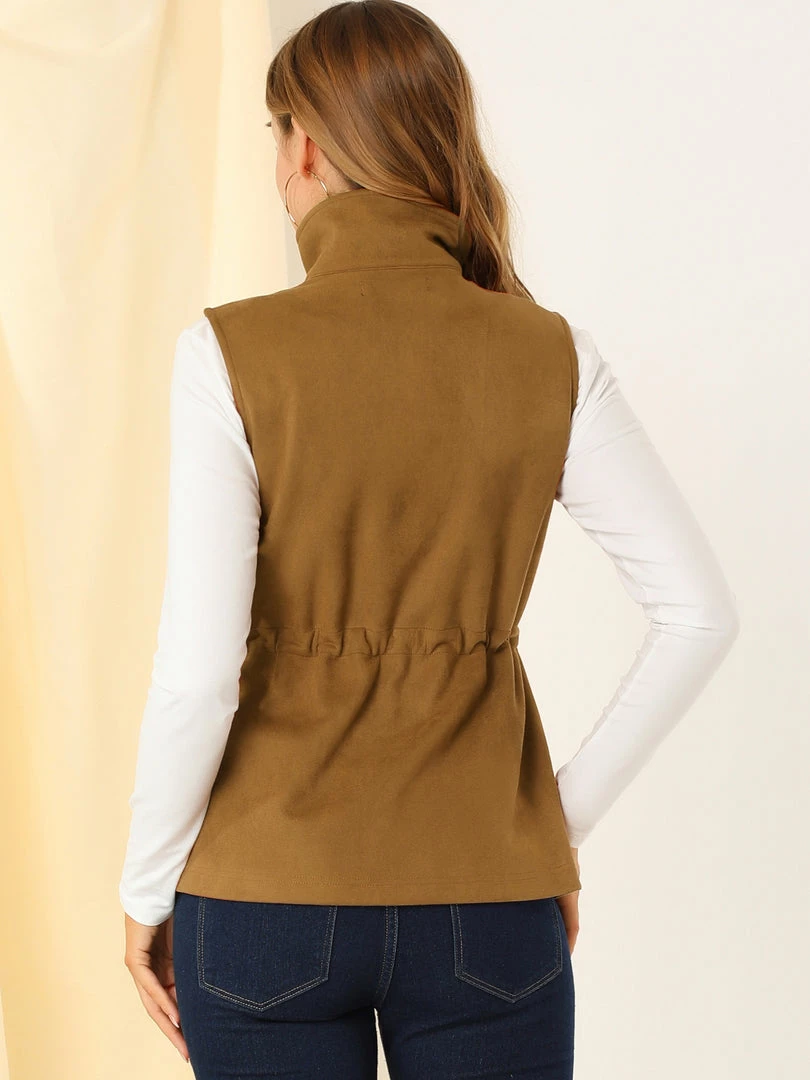 Allegra K Women's Faux Suede Drawstring Waist Zipper Snap Button Sleeveless Cargo Utility Vest 8 Allegra K Women's Faux Suede Drawstring Waist Zipper Snap Button Sleeveless Cargo Utility Vest