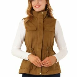Allegra K Women's Faux Suede Drawstring Waist Zipper Snap Button Sleeveless Cargo Utility Vest