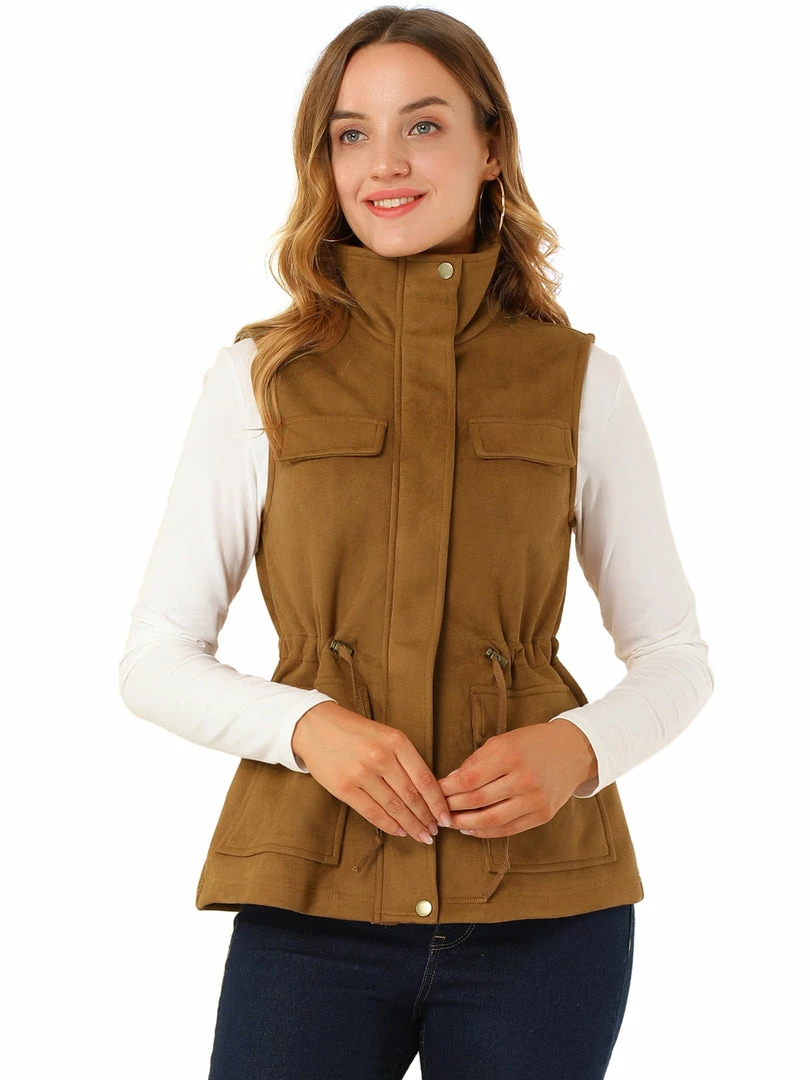 Allegra K Women's Faux Suede Drawstring Waist Zipper Snap Button Sleeveless Cargo Utility Vest 4 Allegra K Women's Faux Suede Drawstring Waist Zipper Snap Button Sleeveless Cargo Utility Vest
