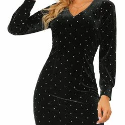 Allegra K Women's V Neck Long Sleeve Party Glitter Velvet Casual Bodycon Mini Dress