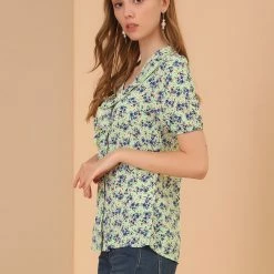 Allegra K Women's Floral Print V Neck Rufle Button Up Puff Short Sleeves Blouse Top