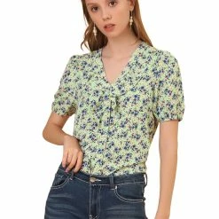 Allegra K Women's Floral Print V Neck Rufle Button Up Puff Short Sleeves Blouse Top