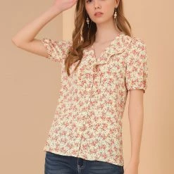 Allegra K Women's Floral Print V Neck Rufle Button Up Puff Short Sleeves Blouse Top