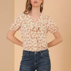 Allegra K Women's Floral Print V Neck Rufle Button Up Puff Short Sleeves Blouse Top