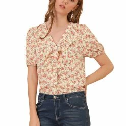 Allegra K Women's Floral Print V Neck Rufle Button Up Puff Short Sleeves Blouse Top