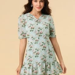 Allegra K Women's Casual Floral V Neck Keyhole Back A-Line Ruffle Dress