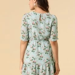 Allegra K Women's Casual Floral V Neck Keyhole Back A-Line Ruffle Dress