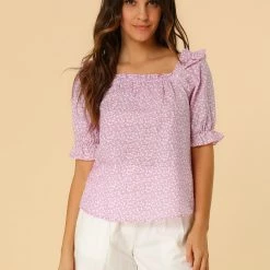 Allegra K Women's Square Neck Puff Sleeve Ruffled Peasant Floral Blouse Top