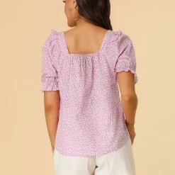 Allegra K Women's Square Neck Puff Sleeve Ruffled Peasant Floral Blouse Top