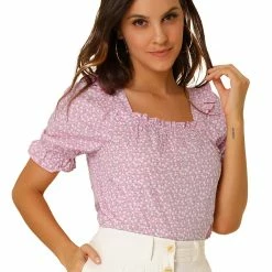 Allegra K Women's Square Neck Puff Sleeve Ruffled Peasant Floral Blouse Top