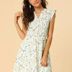 Allegra K Women’s Women's Cap Sleeve Ruffle V-Neck Floral Casual Summer Dress