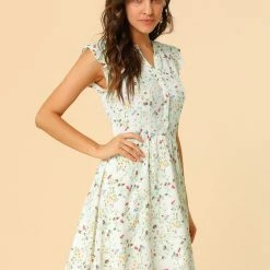Allegra K Women’s Women's Cap Sleeve Ruffle V-Neck Floral Casual Summer Dress