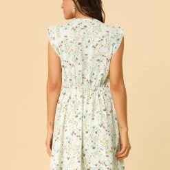 Allegra K Women’s Women's Cap Sleeve Ruffle V-Neck Floral Casual Summer Dress