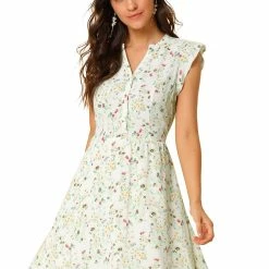 Allegra K Women’s Women's Cap Sleeve Ruffle V-Neck Floral Casual Summer Dress