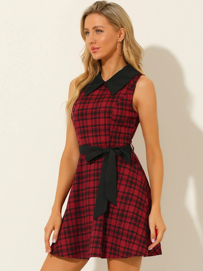 Allegra K Women's A-line Belted Vintage Sleeveless Plaid Dress 6 Allegra K Women's A-line Belted Vintage Sleeveless Plaid Dress
