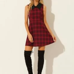 Allegra K Women's A-line Belted Vintage Sleeveless Plaid Dress 14 Allegra K Women's A-line Belted Vintage Sleeveless Plaid Dress