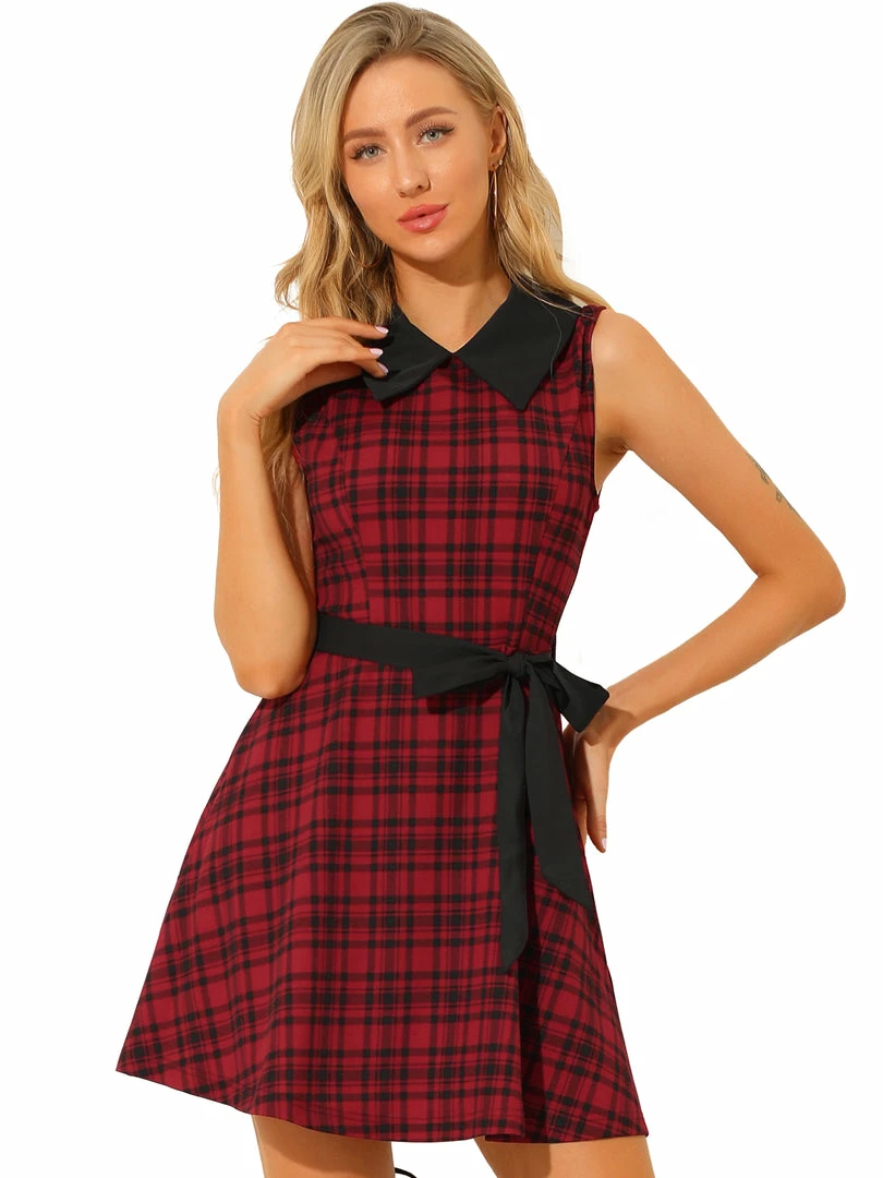 Allegra K Women's A-line Belted Vintage Sleeveless Plaid Dress 4 Allegra K Women's A-line Belted Vintage Sleeveless Plaid Dress