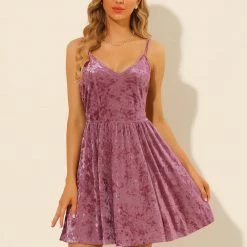 Allegra K Women's V Neck Spaghetti Strap A-Line Party Velvet Cami Mini Dress