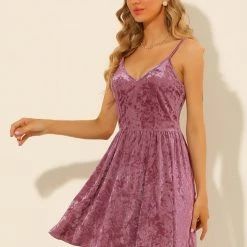 Allegra K Women's V Neck Spaghetti Strap A-Line Party Velvet Cami Mini Dress