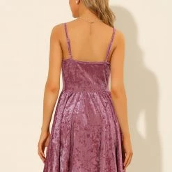 Allegra K Women's V Neck Spaghetti Strap A-Line Party Velvet Cami Mini Dress