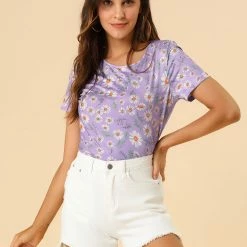 Allegra K Women's Daisy Floral Print Top Summer Crew Neck Short Sleeve Blouse Shirt