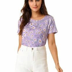 Allegra K Women's Daisy Floral Print Top Summer Crew Neck Short Sleeve Blouse Shirt