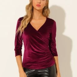 Allegra K Women's V Neck 3/4 Sleeve Cross Wrap Ruched Velvet Casual Blouse 12 Allegra K Women's V Neck 3/4 Sleeve Cross Wrap Ruched Velvet Casual Blouse