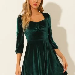 Allegra K Women's Vintage Square Neck 3/4 Sleeve Velvet Dress