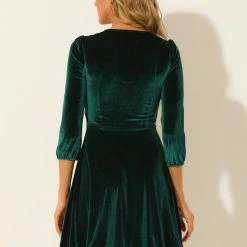 Allegra K Women's Vintage Square Neck 3/4 Sleeve Velvet Dress