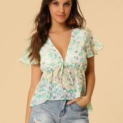 Allegra K Women's Floral Blouse Summer Short Flare Sleeve V Neck Peplum Top 23 Allegra K Women's Floral Blouse Summer Short Flare Sleeve V Neck Peplum Top