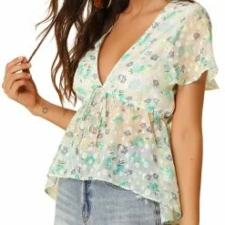 Allegra K Women's Floral Blouse Summer Short Flare Sleeve V Neck Peplum Top 22 Allegra K Women's Floral Blouse Summer Short Flare Sleeve V Neck Peplum Top
