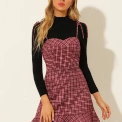 Allegra K Women's Plaid Ruffled Hem Spaghetti Strap Summer Flare Mini Slip Dress