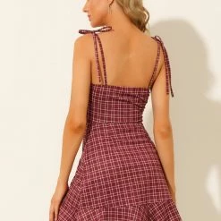 Allegra K Women's Plaid Ruffled Hem Spaghetti Strap Summer Flare Mini Slip Dress