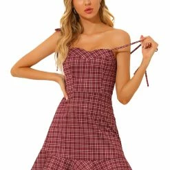Allegra K Women's Plaid Ruffled Hem Spaghetti Strap Summer Flare Mini Slip Dress