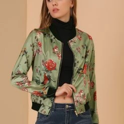 Allegra K 8127 Women Stand Collar Zip Up Floral Prints Bomber Jacket