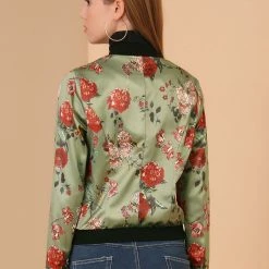 Allegra K 8127 Women Stand Collar Zip Up Floral Prints Bomber Jacket