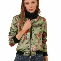 Allegra K 8127 Women Stand Collar Zip Up Floral Prints Bomber Jacket